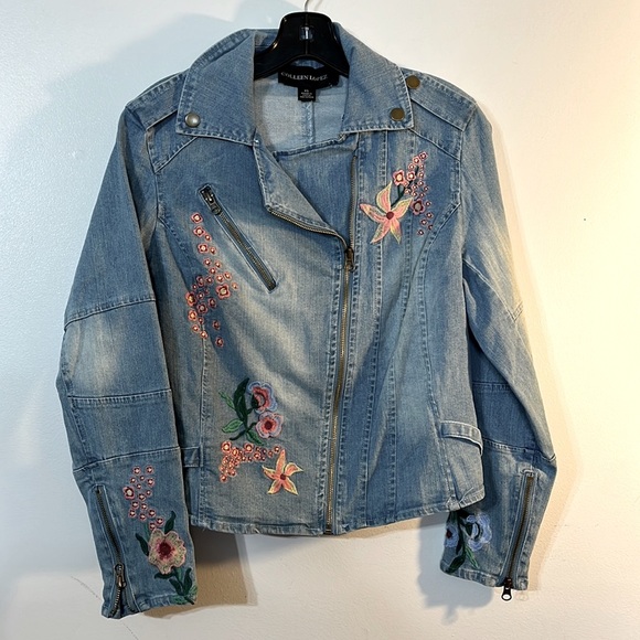 Colleen Lopez Jackets & Blazers - Colleen Lopez Embroidered Denim Moto Jacket